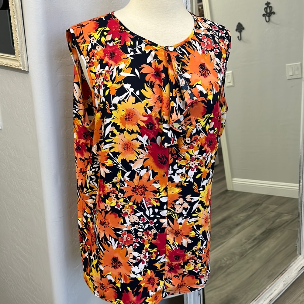 Beautiful Fall Orange Leaves Ladies V Neck Sleeveless Top w Gold Button